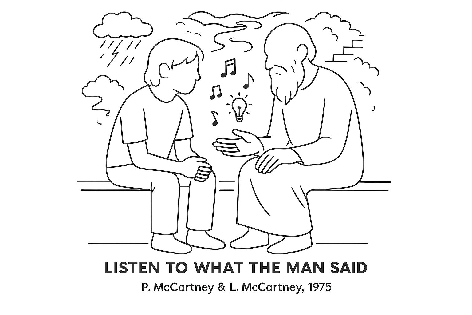 Simple black and white line drawing of an older man in profile speaking earnestly to a younger person who is leaning in attentively, with small musical notes floating between them, suggesting the passing of wisdom through words and music.