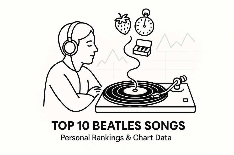 Person with headphones listening to a record player. Icons: strawberry, clock, piano keys. Text: Top 10 Beatles Songs, Personal Rankings & Chart Data.