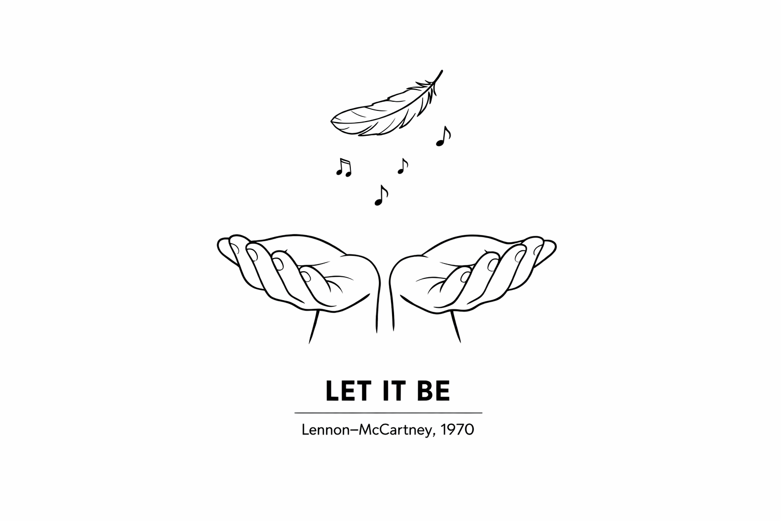 Open hands facing upward, palms relaxed, small music notes and a single feather floating gently downward into them, minimal white space, peaceful and still