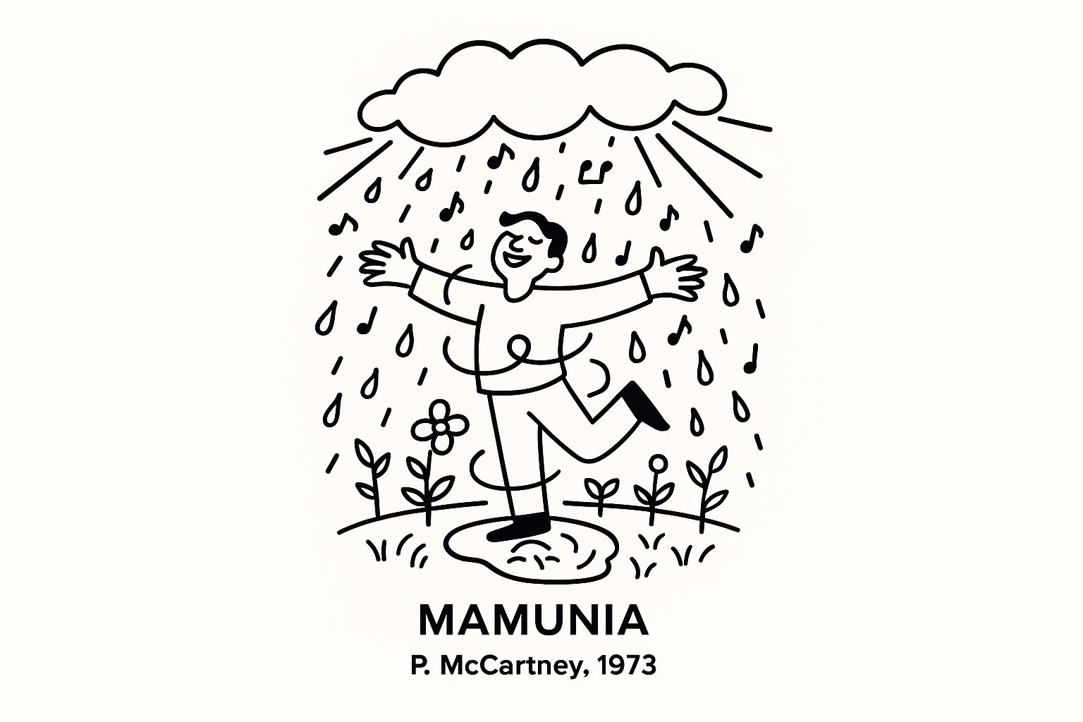 Simple black and white line drawing of rain falling on sprouting seeds in soil, with small shoots beginning to emerge, representing growth through adversity and the nourishing power of challenges