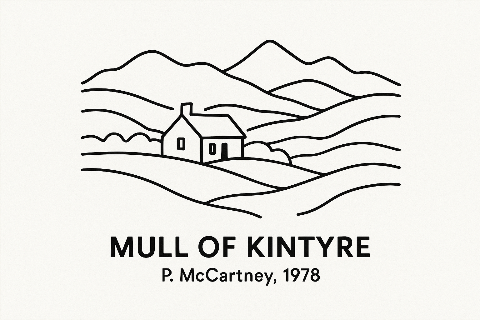 Simple line drawing of a small cottage or farmhouse nestled in rolling hills with mountains in background, peaceful countryside scene, clean minimalist lines, white background, sanctuary and grounding theme