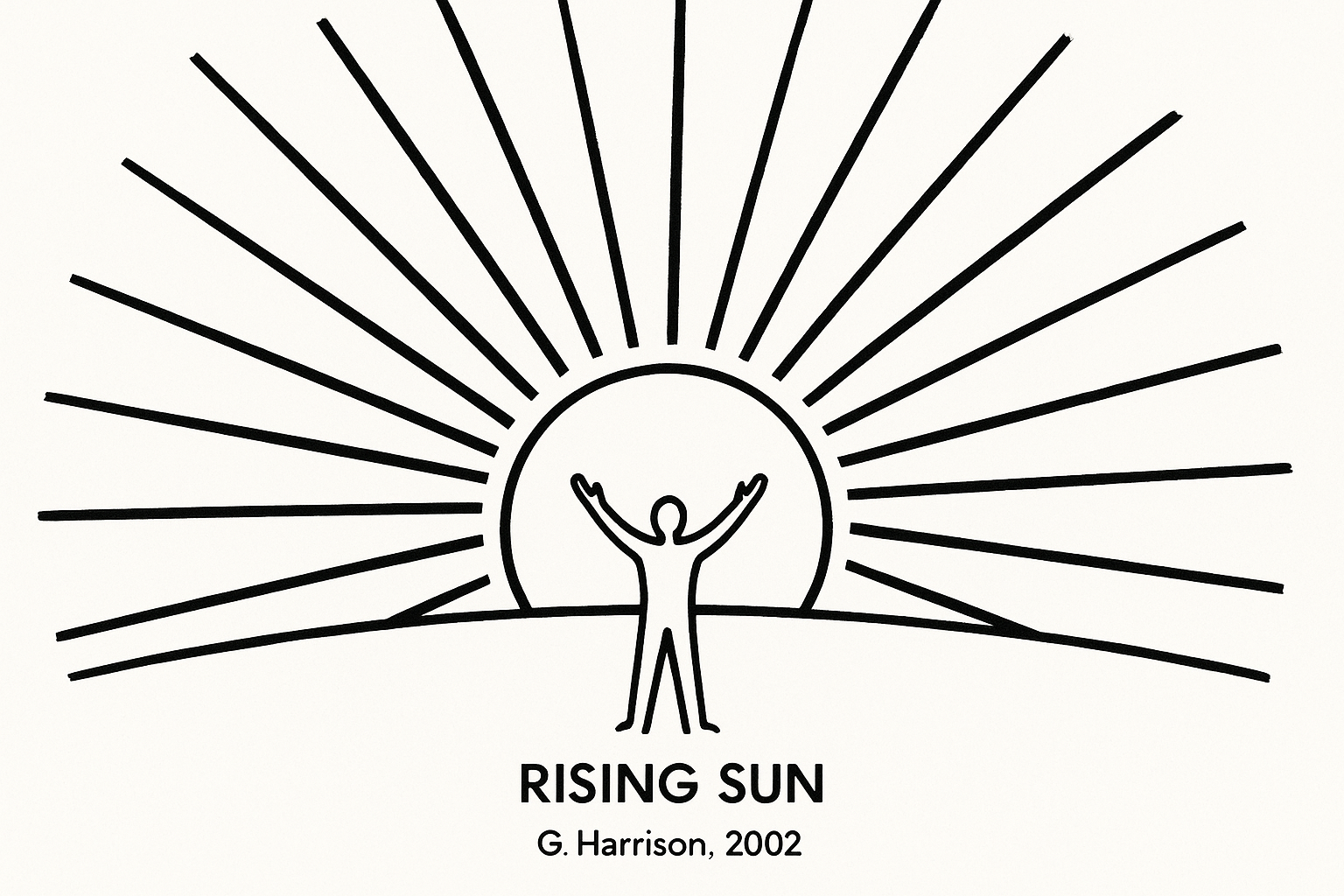 Bold line art of the sun rising over a horizon with dramatic rays spreading upward and outward. In the foreground, a figure stands with arms raised welcoming the dawn. Strong vertical lines for sun rays, clean horizontal for horizon. Emphasis on the moment of breakthrough from darkness to light. Hopeful, triumphant energy.