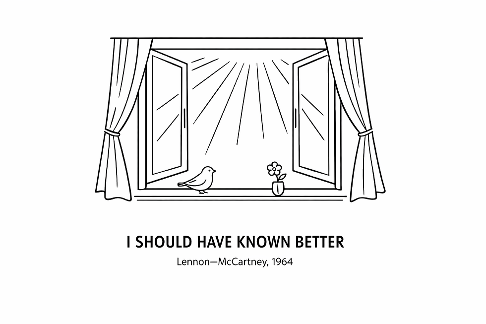 Open window with sunlight streaming through in clean radiating lines, small bird and simple flower on the windowsill, curtains drawn fully back, nothing held in reserve
