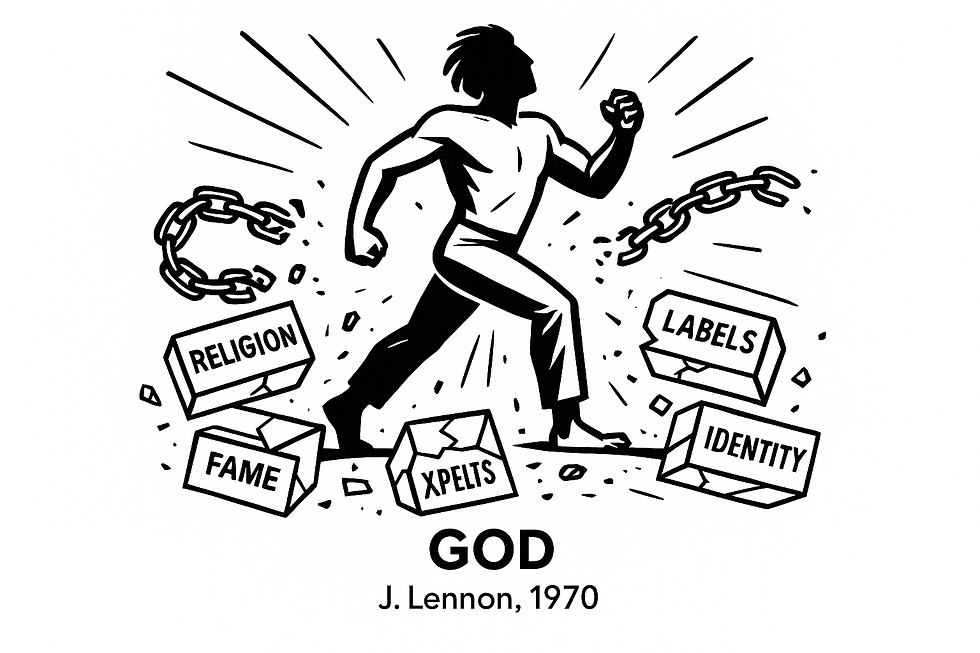 Bold line art of a figure breaking free from chains or boxes labeled with various beliefs and identities. The chains are falling away as the figure steps forward into open space. Dynamic composition suggesting liberation and movement. Emphasis on the moment of breaking free.