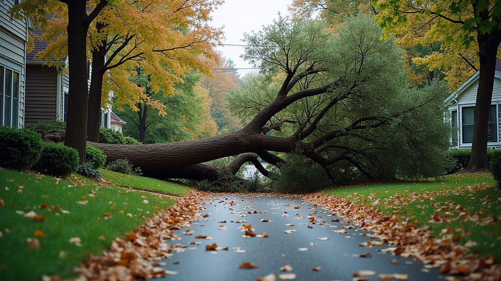 Eye-level view of a large fallen tree blocking a residential driveway