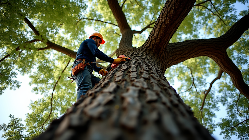 Eye-level view of a professional trimming a large oak tree