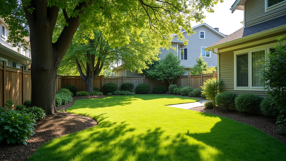 High angle view of a clean and well-maintained residential yard with healthy trees