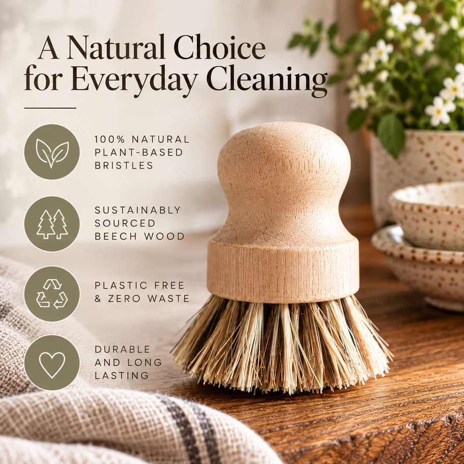 Natural dish brush with plant-based bristles for plastic-free kitchen cleaning