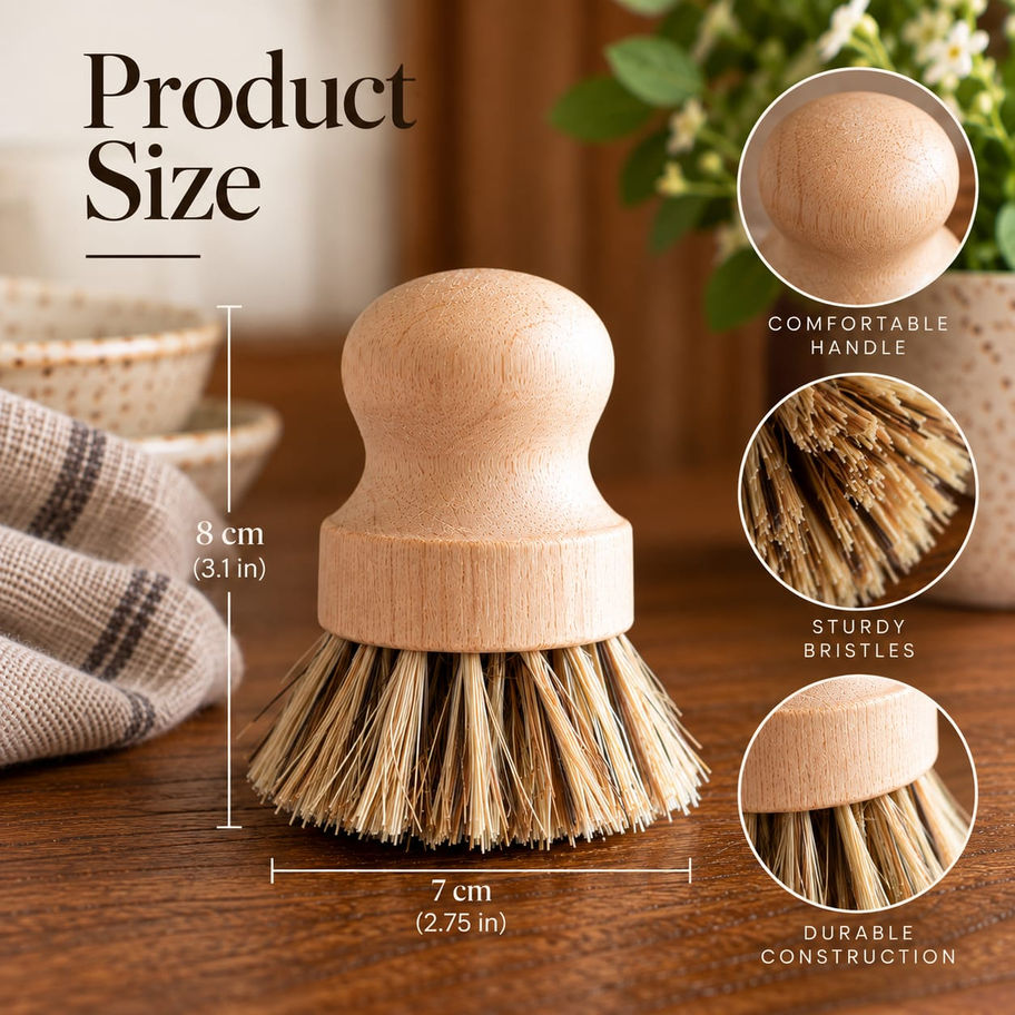 Wooden natural dish brush with sisal bristles beside kitchen dishes