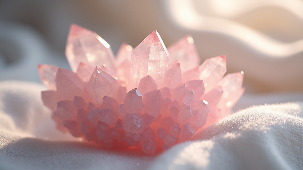 Eye-level view of a rose quartz crystal cluster glowing softly on a white cloth