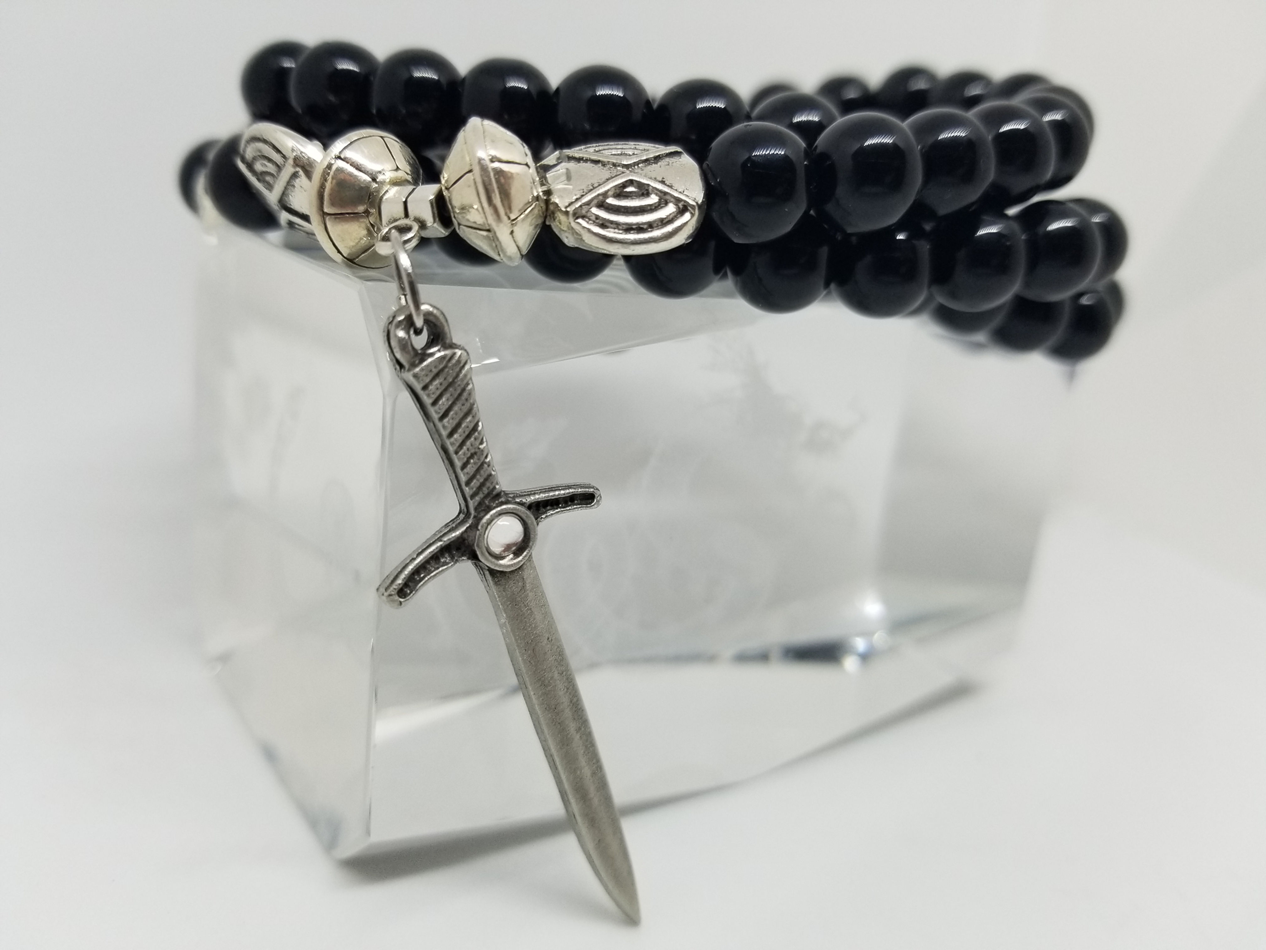 Pewter Claymore Sword Pendant & Black Onyx Bead Necklace