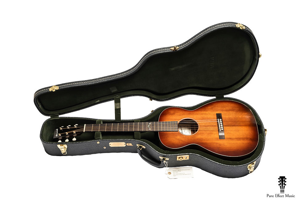 Boswell Mark Knopfler Limited Edition Acoustic guitar in an open black hardshell case on white, with a tag and Pure Effect Music logo in the corner.
