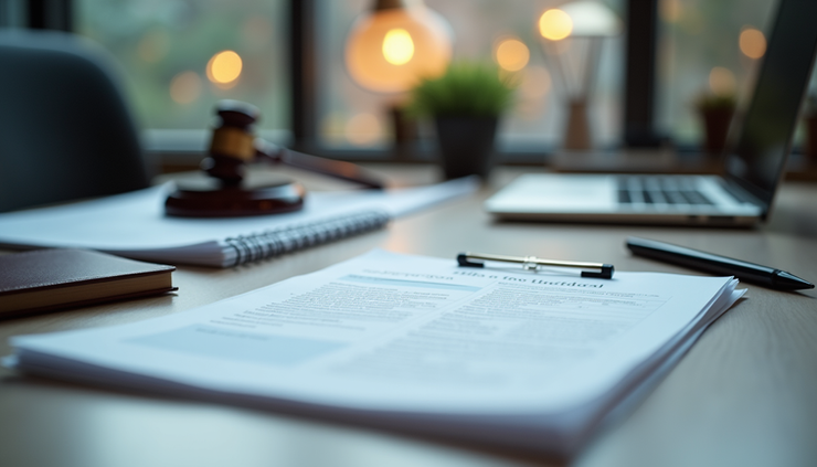 Eye-level view of a modern law office workspace with organized legal documents and technology tools