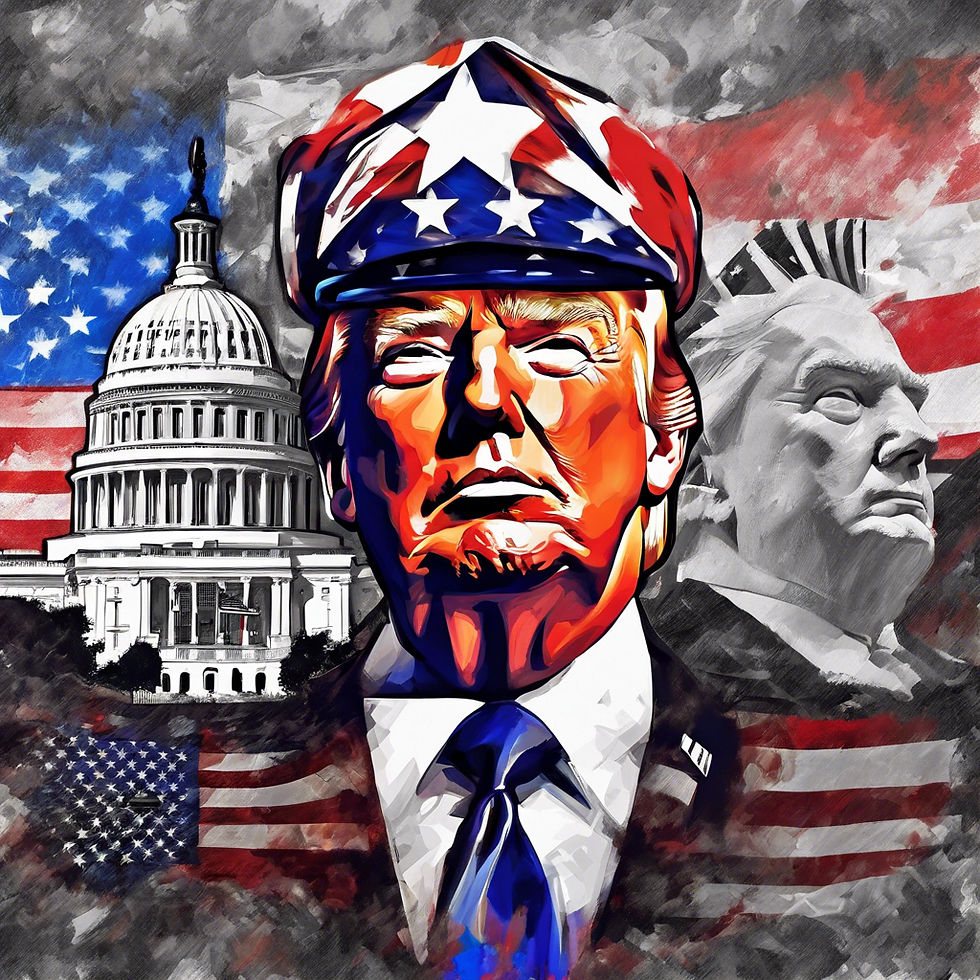 Stylized portrait of a man in a star-patterned hat, set against the U.S. Capitol with American flags. Bold colors create a patriotic mood.