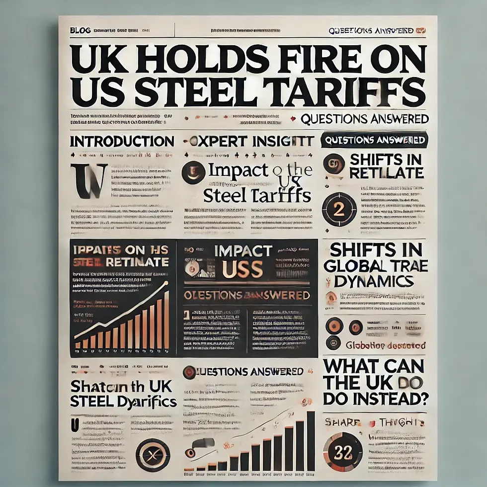 Newspaper infographic titled "UK Holds Fire on US Steel Tariffs." Features charts, text, and sections like "Impact on Steel Tariffs" and "Shifts in Global Trade Dynamics."
