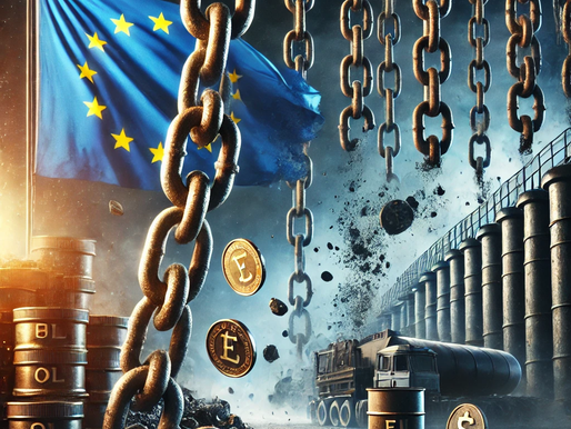 European flag with blue background and yellow stars waves over oil barrels labeled "BLOIL." Coins and chains hang, with a truck nearby.