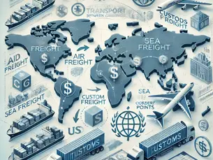 Map with planes, ships, and trucks depicting global freight logistics. Text: Air, Sea, Custom Freight, Customs points. Blue tones dominate.