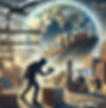 A hooded figure with money, cargo ship, planes, and forklifts in a busy industrial port with a globe backdrop, suggests global trade.