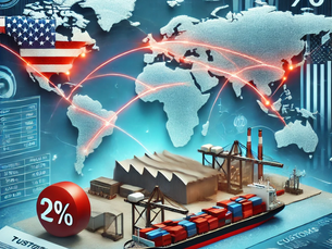 World map with shipping routes, a cargo ship, factory, and US flag. Text: 25% steel tariffs, 2%. Bright colors, trade theme.