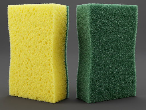 Two cleaning sponges stand upright on a gray background. One is yellow with green scrubber; the other is solid green. No text or action.