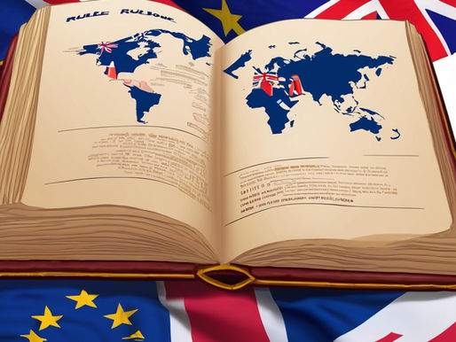 Open book with a world map and UK flags on pages, set on UK and EU flags. Text "RULE" visible. Themes of navigation and politics.