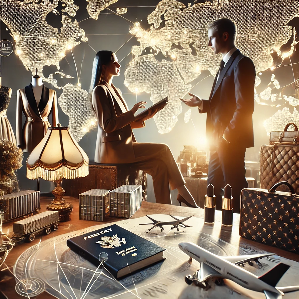Two business professionals converse in a stylish office with a world map on the wall. A passport, model airplanes, and luxurious items adorn the desk.
