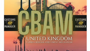 UK CBAM poster with Union Jack, Big Ben, factories and smoke at sunset; Customs Manager logos and Official UK CBAM seal.