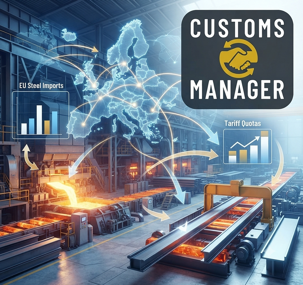 Customs manager graphic over glowing EU map and steel mill, with arrows linking EU steel imports and tariff quotas.