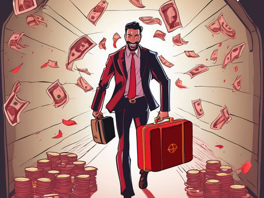 A man in a suit with briefcases walks through flying money, stacks of coins around him. Red, dramatic lighting emphasizes wealth and power.