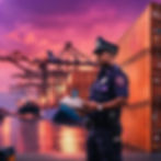 A security officer reviews documents at a vibrant sunset-lit port with stacked shipping containers and cranes in the background.