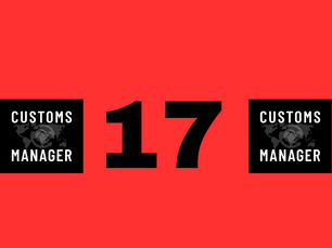 Red background with large black number "17" centered. Above it, a black square features the text "CUSTOMS MANAGER" over a world map.
