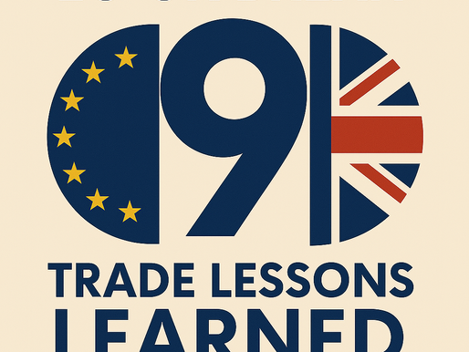 EU-UK Brexit graphic with EU and UK flag elements forming "19". Text reads "EU-UK BREXIT TRADE LESSONS LEARNED" on beige background.