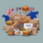 Boxes and food items like burgers and bread with various flags and a map. Text includes IFOD and SLECH INPORTORT, suggesting international trade.