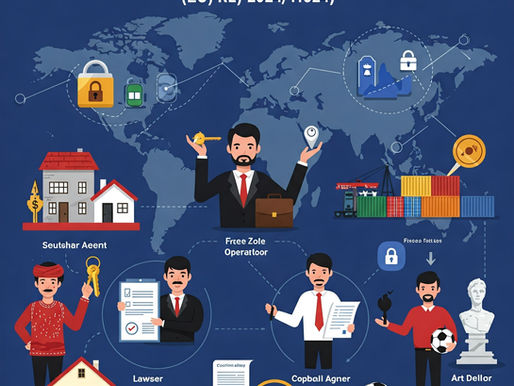 Infographic showing cartoon businessmen and symbols of law and finances over a world map. Includes text on anti-money laundering.