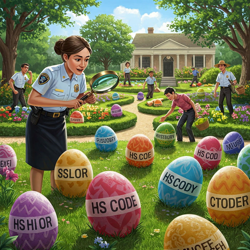 Officer with magnifying glass examines colorful eggs labeled with text in a garden. People search around, mood is playful and curious.