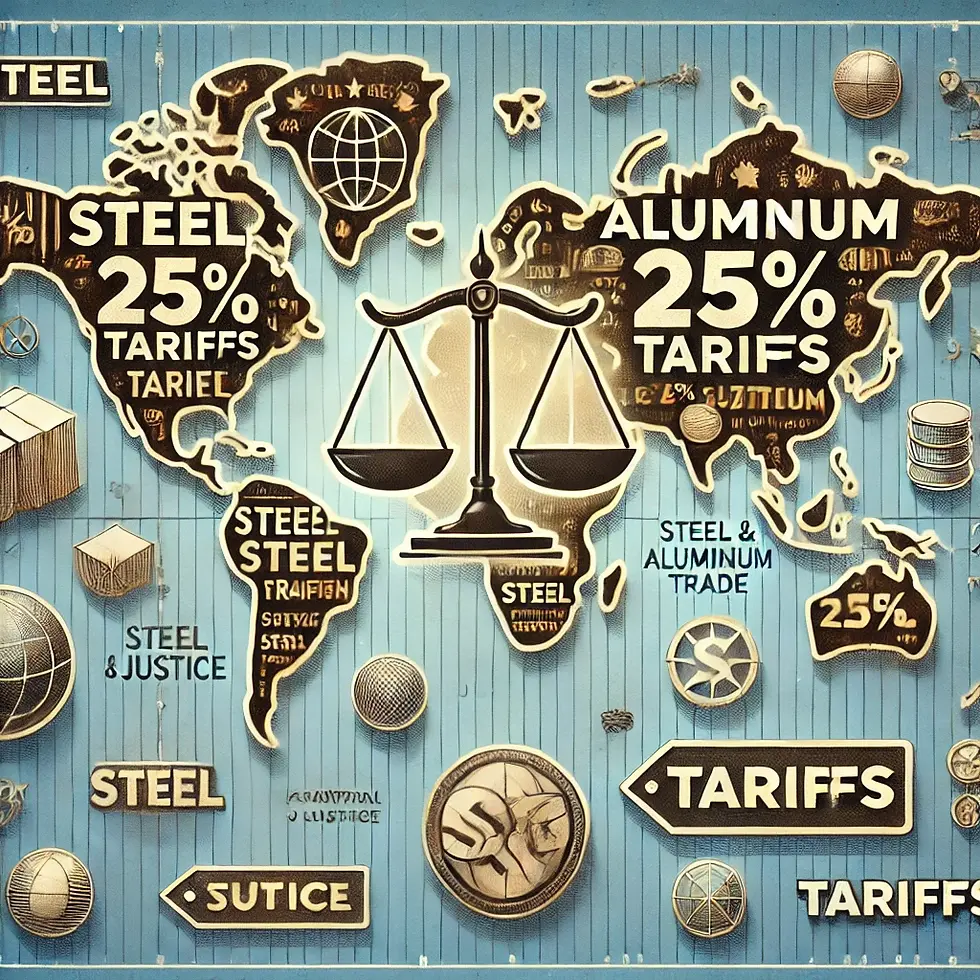 Map with scales depicts steel and aluminum trade tariffs at 25%. Background is blue with various trade-related words and symbols.