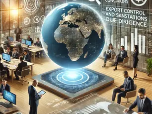 Büro mit Menschen in Anzügen, die an Geräten arbeiten, holografischer Globus in der Mitte. Text: „EXPORT CONTROL“ und Symbole auf digitalen Bildschirmen.