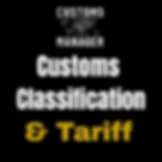 Text reads: "CUSTOMS MANAGER, Customs Classification & Tariff" in white and gold on black background with globe graphic.