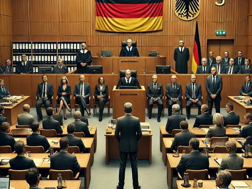 Courtroom with judges, lawyers, and audience. German flag and emblem on wood-paneled wall. A man stands addressing the court. Formal atmosphere.