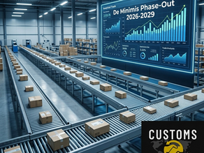 Warehouse conveyors carry parcels under a digital dashboard reading De Minimis Phase-Out 2026-2029; Customs Manager logo at bottom right