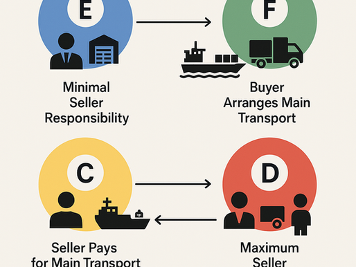 Infographic with four circles labeled E, F, C, D showing trade responsibilities, transport icons, and arrows. Text describes seller/buyer roles.