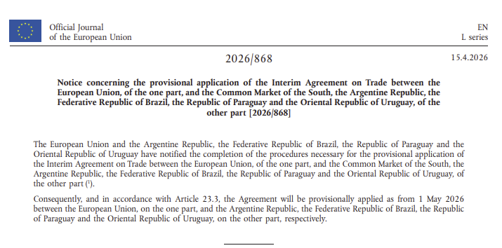 Official Journal of the European Union text regarding the Interim Trade Agreement between the EU and South American countries, dated 15.4.2026.