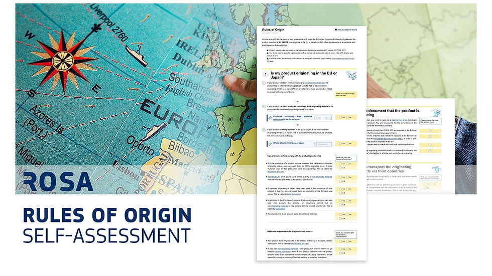 Map overlay with hand pointing to Europe, next to a "Rules of Origin Self-Assessment" checklist. Text, blue tones, and a compass rose.