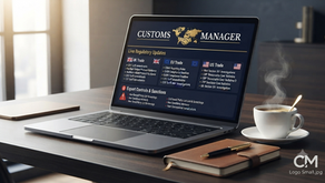 Laptop on desk shows Customs Manager trade updates; coffee steams beside a notebook and pen in a bright office.