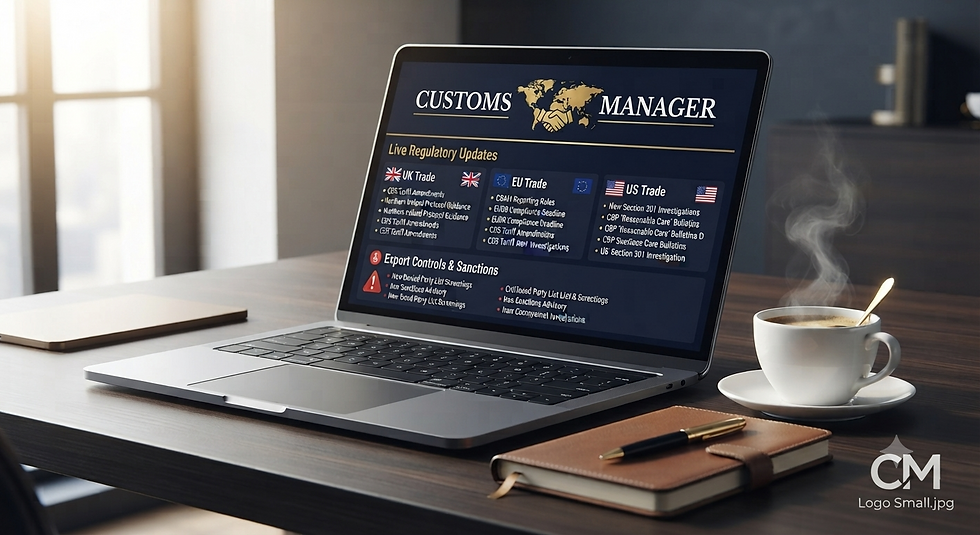 Laptop on desk shows Customs Manager trade updates; coffee steams beside a notebook and pen in a bright office.