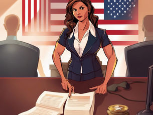 A woman stands confidently at a table with documents, pointing. Two seated figures face her. U.S. flag backdrop, serious mood.