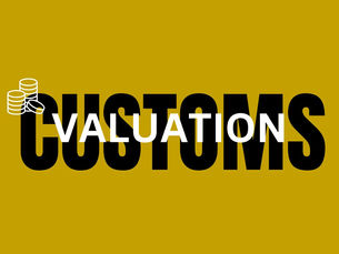 Coins icon beside bold text "CUSTOMS" with "VALUATION" overlay in white. Yellow background sets a professional tone.