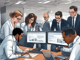 A professional setting with a team of trade compliance experts gathered around a desk, reviewing customs documents, HS codes, and international regulations. They’re using laptops, screens, and compliance software to ensure accurate product classification, regulatory screening, and proper documentation, with a focus on efficient and error-free processes. The scene reflects a modern, tech-driven approach to international trade compliance.