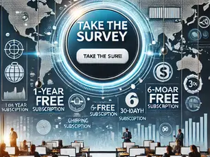 People at desks in a tech-themed room with digital screens showing "Take the Survey" and subscription offers against a world map background.
