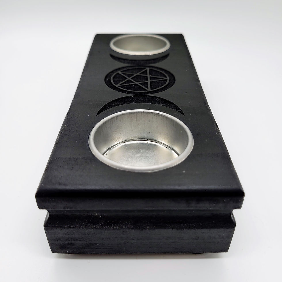 Thumbnail: Black candle holder with a triple goddess design, and space for two tea lights